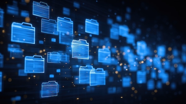 Glowing file-folder icons drift across a dark digital background. Image source: Planetz/stock.adobe.com, AI-generated.